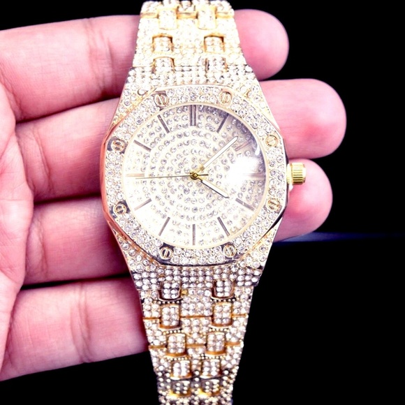 Men's Iced 14k Gold Quartz Movement Timepiece